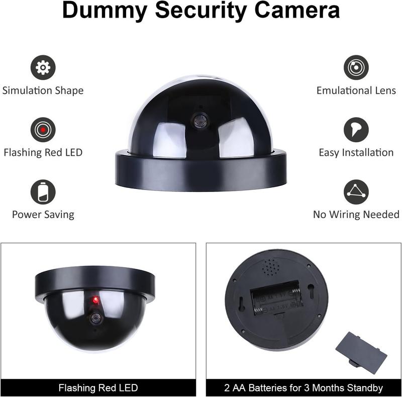 Dummy security camera, with red flashing LED light, dome camera – waterproof, suitable for indoor and outdoor use in homes, garages, supermarkets, farms, etc., easy to install, no power required