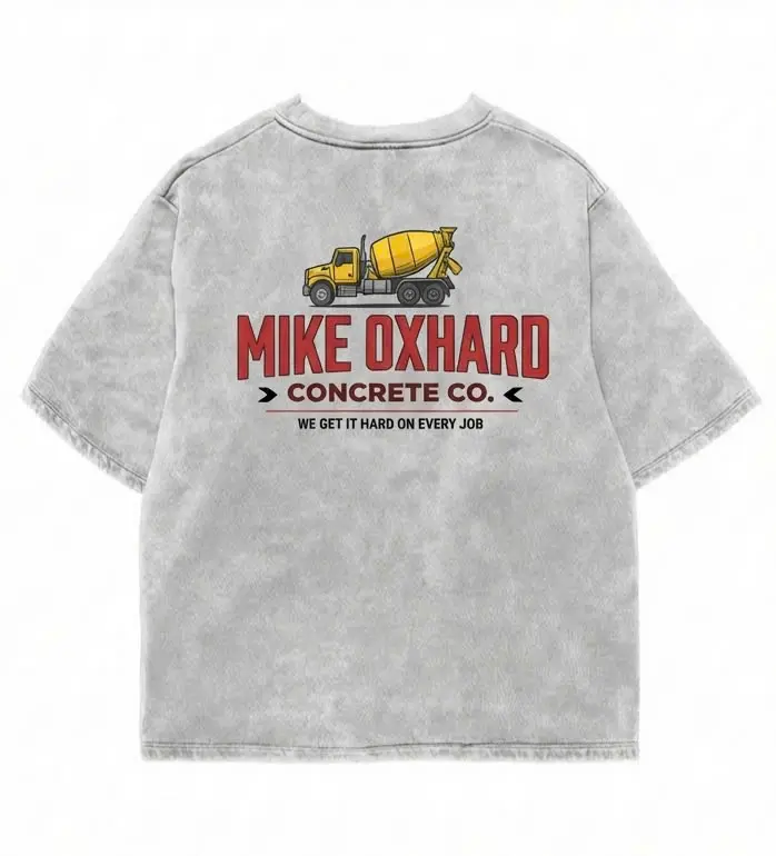 Acid Wash Vintage Funny Concrete Worker Mike Oxhard Concrete Co Print T-Shirt for Men & Women Streetwear Aesthetic Oversized Cotton Top Retro 90s Style Distressed Grey Shirt Unique Native American Inspired Graphic Tee Womenswear