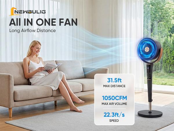 Bedroom Pedestal Fan, Quiet 20dB DC Air Circulator, 15 Speeds 5 Modes, 120° Oscillation, 12H Timer, 1050CFM Airflow, 37-45" Adjustable Height, LED Light, Standing Fan with Remote
