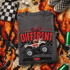 Youth and Adult Built Different Zombie Monster Truck T-Shirt, Racing Checkered Graphic Tee, Bold Attitude Monster Truck Fan Shirt, Monster Jam shirt, Monster Truck shirt, Off-Road Motorsports Tee, Youth clothing, summer outfit, Racing Fan Gift