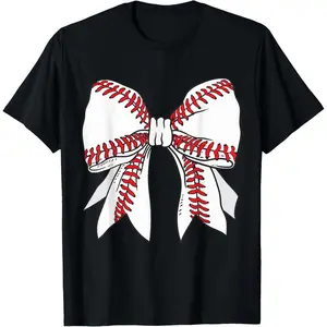 Cotton Short Sleeve  T-Shirt Baseball Mom Coquette Bow Mothers Day Baseball Mama Game day T-Shirt Top Womenswear Graphic tees
