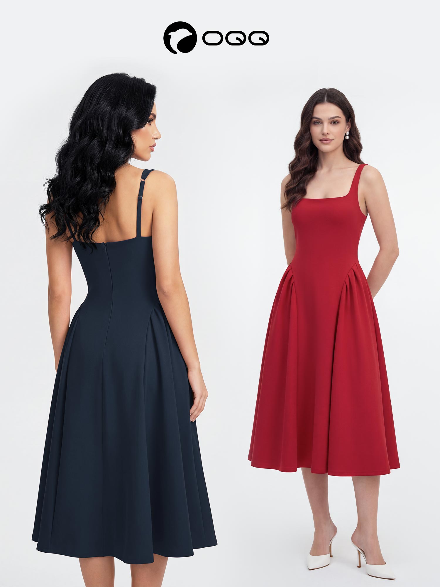 OQQ Women's Sleeveless Elegant Square Neck Swing A Line Wedding Evening Party And Casual Midi Dress