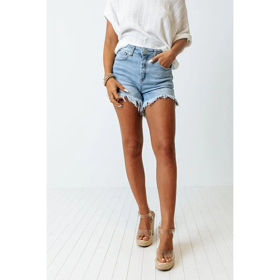 Risen The Bolton High Waist Frayed Shorts In Light Wash