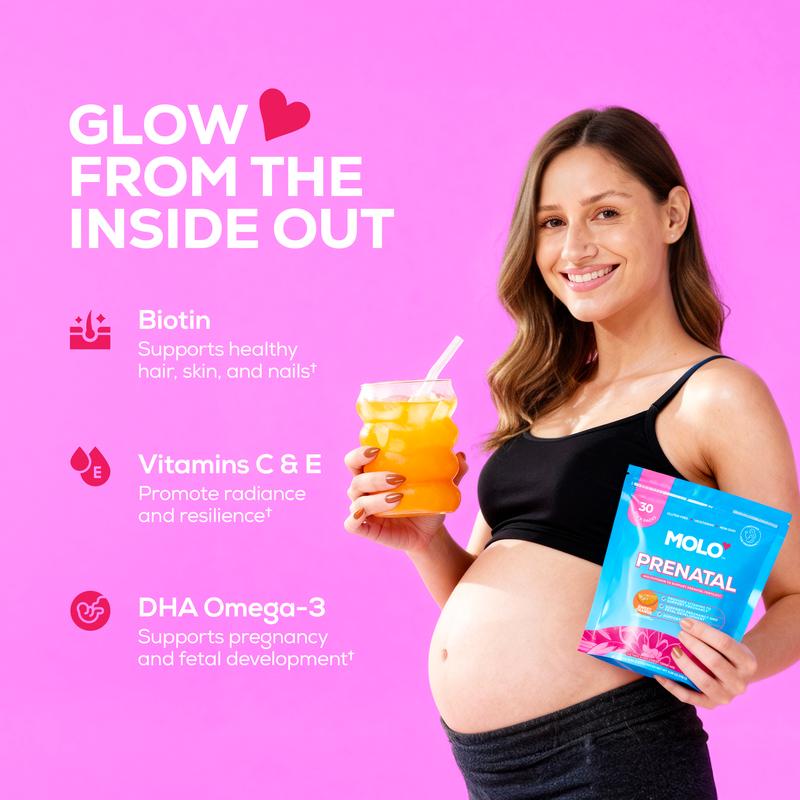 MOLO Prenatal Multi-Vitamin Drink Mix for Women – Packed with essential vitamins & antioxidants, DHA Omega-3, Methylfolate, CoQ10, & Iron – 30 Stick Packs with Sweet Orange Flavor – Vegetarian, Gluten-Free & Non-GMO