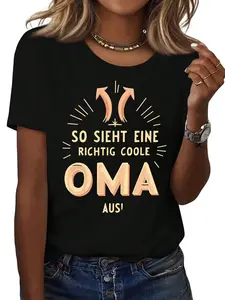 Yellow "Oma" Print Casual T-Shirt: Cotton Black Loose Crewneck Short Sleeve with German Slogan & Arrow Design, Summer Style Machine Washable, Suitable for Daily Wear, Fitted Fabric