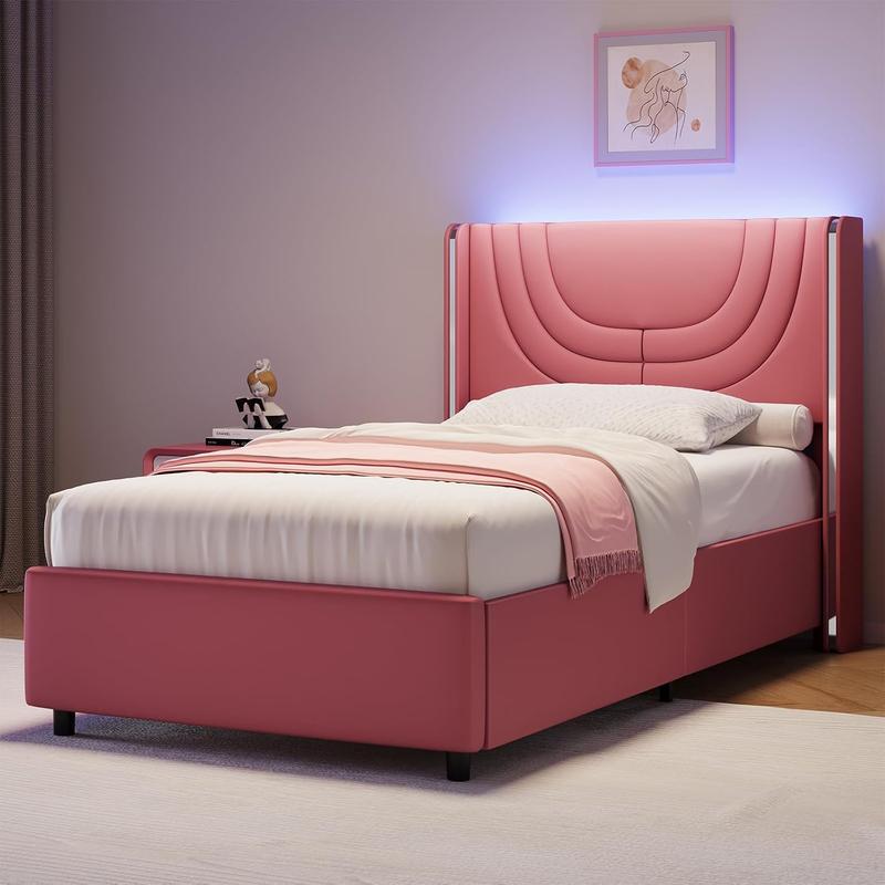 HOMBCK Bed Frame with LED Lights and Headboard, Silver Wingback, No Box Spring Needed, Easy Assembly