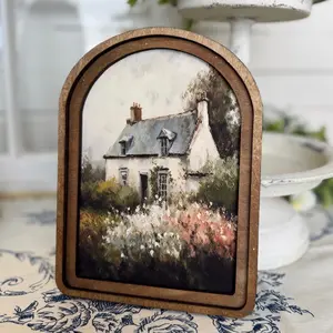 Spring Cottage Arched Art Framed Wood Canvas Print for Wall or Shelf 8x6x0.8 Inches Country Charm Home Decor