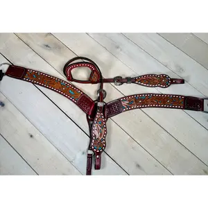 Burgundy Leather Teal Inset Floral Tooled Tack Set