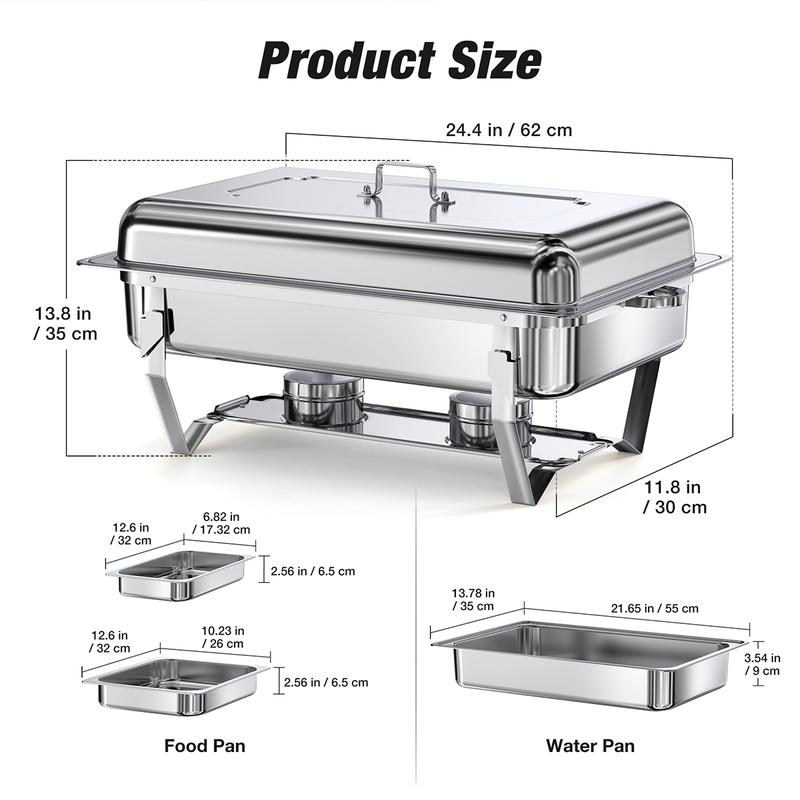 WARMOUNTS  Rectangular 9QT Chafing Dishes for Buffet with Upgraded Multi-Size Food Pans (9QT, 2Pack/4Pack), Large Chafing Dish Set w/Mirror-Polished Stainless Steel, Rolled Rim, Foldable Frame for Party (full-size, 1/2 Size, 1/3 Size Food Pan)