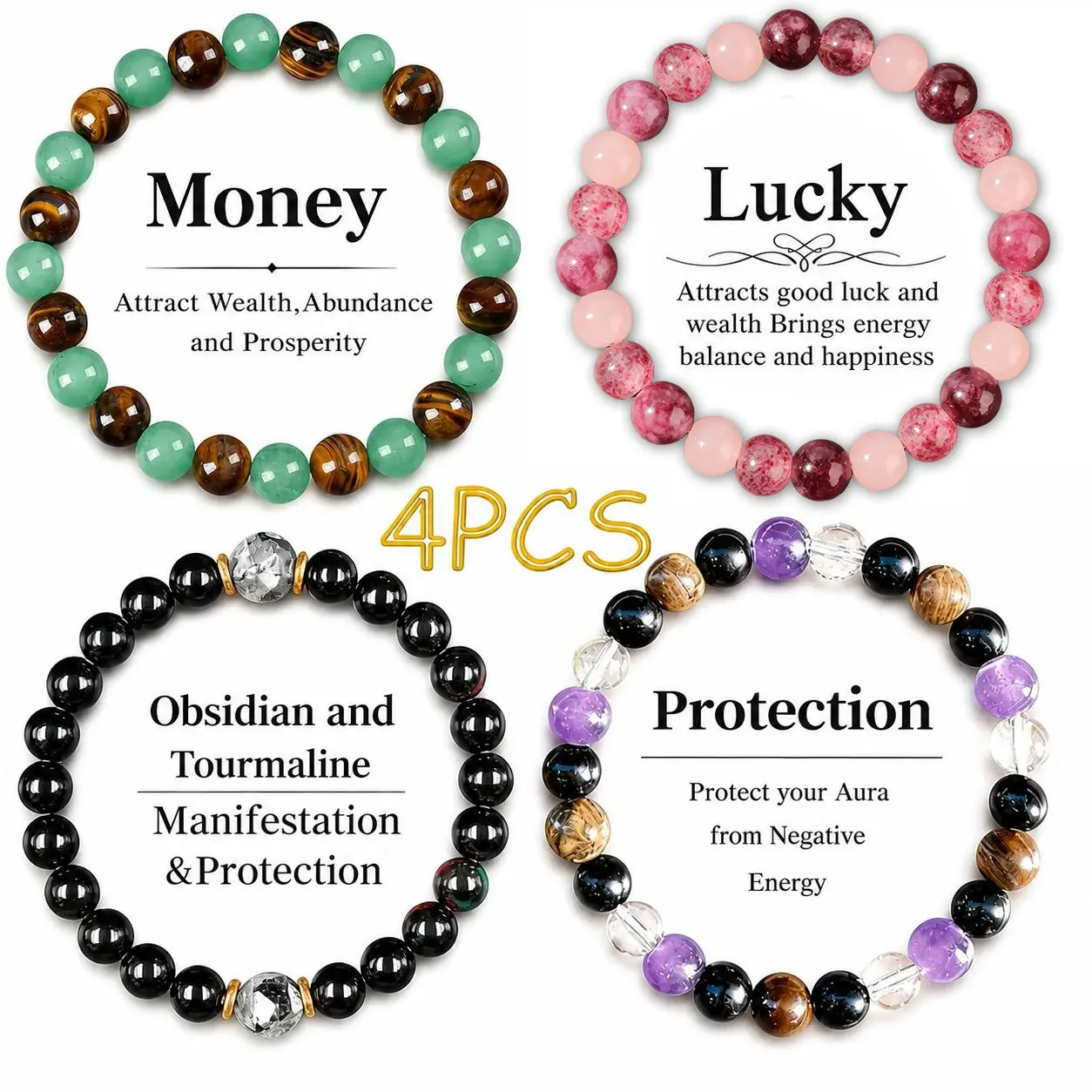 Crystal Beaded Bracelets for Women and Men - Tiger Eye, Obsidian, Black Tourmaline Jewelry for Banquet Party - Money Attraction, Good Luck, Protection Bracelet Encouragement Gift for Her couple bracelet Daily Wear summerwins FathersDayGift