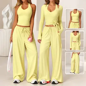 Women's summer sports 3-piece set - lace up jacket+vest+wide leg pants, quick drying slim fit versatile casual set suitable for sports, furniture, and daily wear SpringGlow up