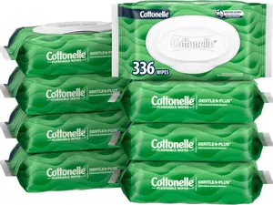 Cottonelle GentlePlus Flushable Wet Wipes with Aloe & Vitamin E, 8 Flip-Top Packs, 42 Wipes Per Pack (336 Total Wipes), Packaging May Vary