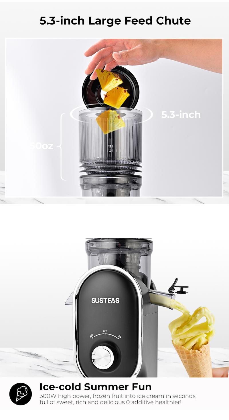SUSTEAS Cold Press Juicer with 5.3'' Large Feed, Easy to Clean, High Juice Yield, Includes Two Filters for Soft & Hard Fruits, 98% Juice Yield Healthy Life Kitchen Essential Juicer Machine Blenders SUSTEAS Cold Press Juicer with 5.3'' Large Feed, Easy to Clean, High Juice Yield, Includes Two Filters for Soft & Hard Fruits, 98% Juice Yield Healthy Life Kitchen Essential Juicer Machine Blenders