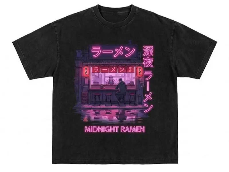Men's Oversized Vintage Acid Wash Midnight Ramen Graphic T-Shirt - Short-Sleeve, Round Neck, Japanese Aesthetic, Neon City Streetwear, Casual Menswear Top, Shortsleeve