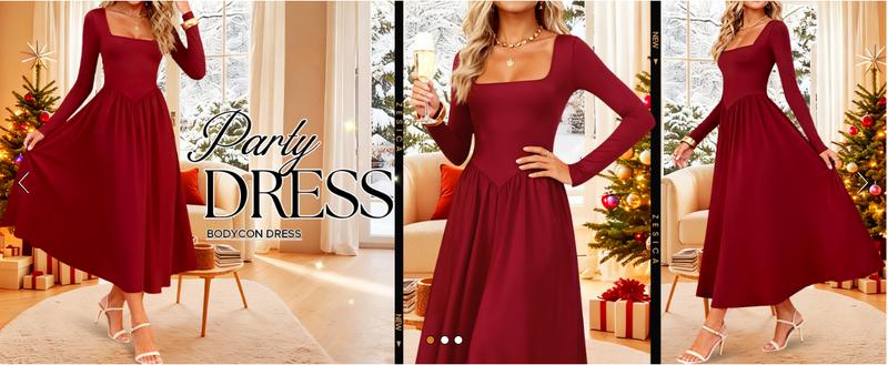 ZESICA Fall Dresses for Women 2025 Elegant Classy Square Neck Long Sleeve Flowy Wedding Guest Party Midi Dress