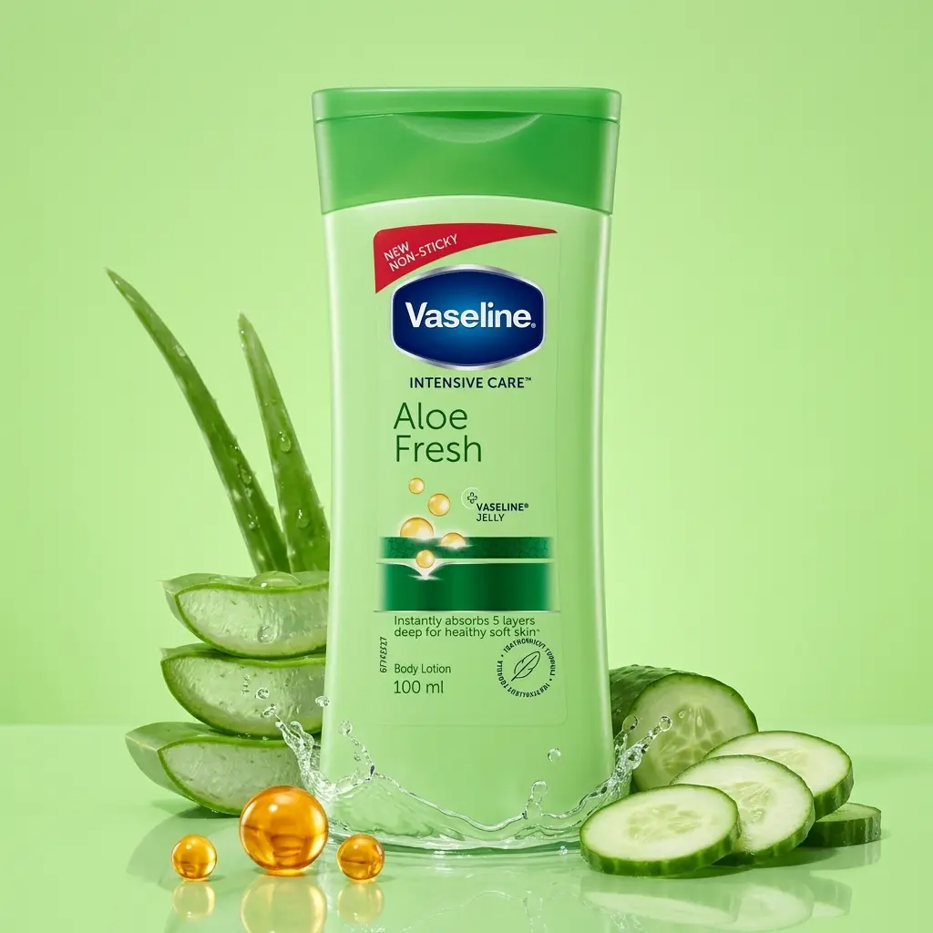 Vaseline Intensive Care Aloe Fresh Body Lotion, 100ml Lightweight Moisturizing Formula with Aloe Vera for Sensitive Skin, Cool Clean Fresh Scent, Daily Soothing Restorative Hydration for Teens & Family