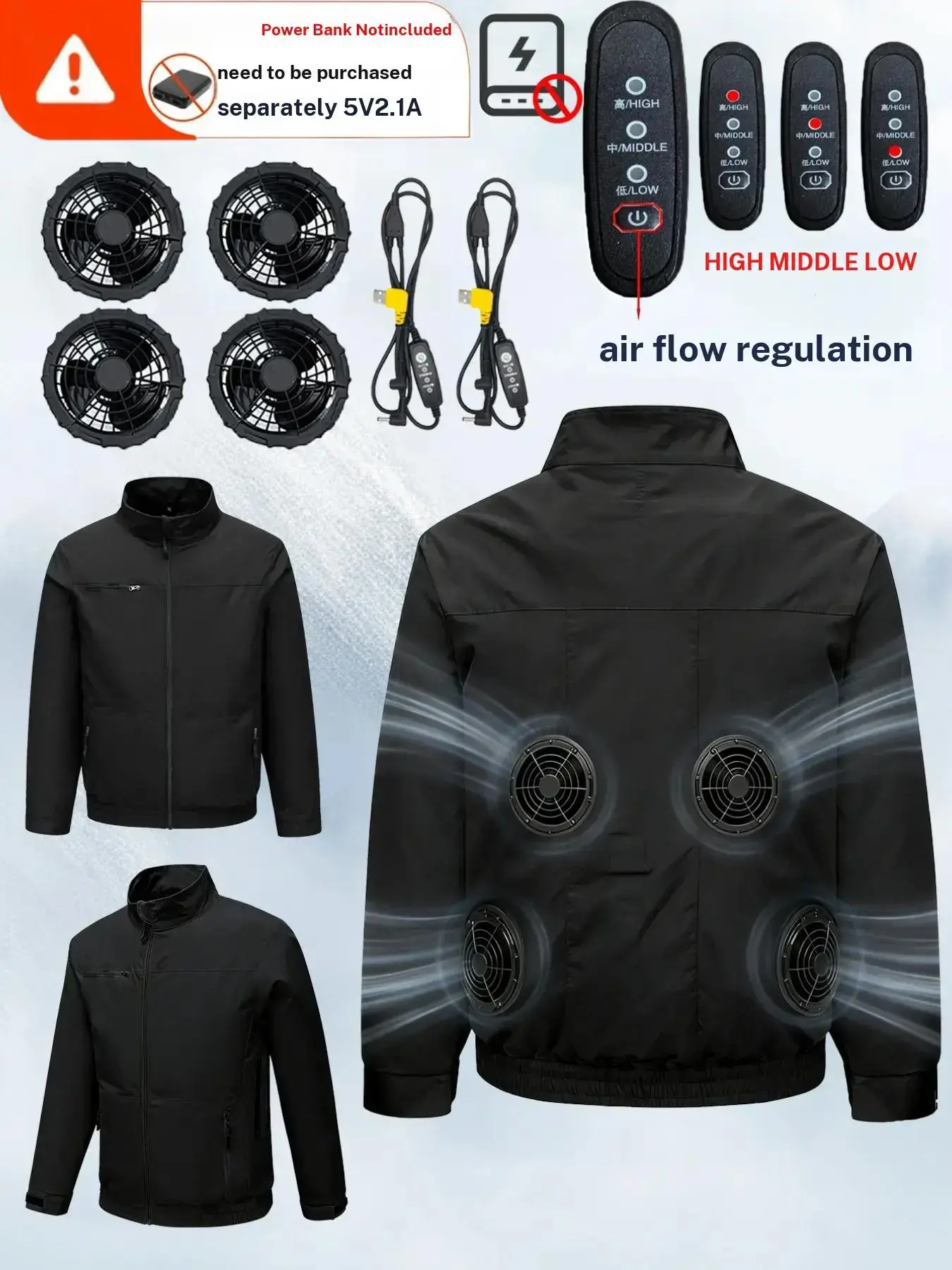 Summer 4 Fan Long Sleeve Air Conditioning Workwear Jacket, 4 Fans 2 Speed Lines, Unisex, Outdoor Fishing Camping Indoor Use, Sporty Jacket