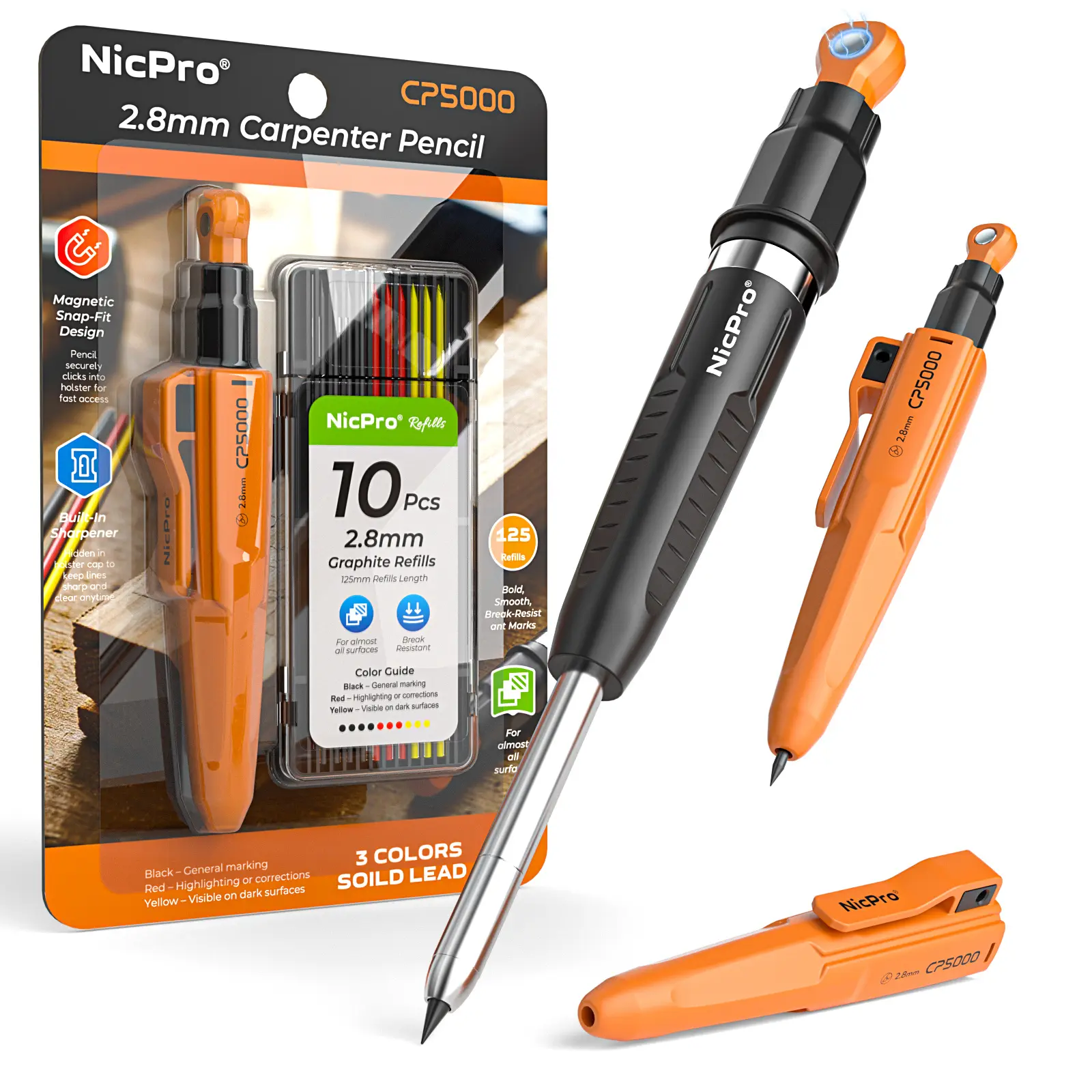 Nicpro Magnetic Mechanical Carpenter Pencils Set - 2.8mm Pencil, Sharpener, 10 Refills, Magnetic Pickup Tool, Precise Deep Hole Marking Tool for Construction Work Accessories,back to school,back to school shopping,back to school,back to school haul
