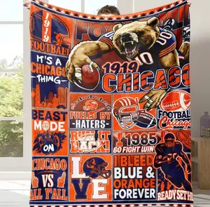 Chicago Bear Football Fan Flannel Blanket A warm nap blanket Soft Warm Retro Style with Team Player Art & Franchise History All-Season Throw for Sofa Bed Office Travel Perfect Gift for Men Women