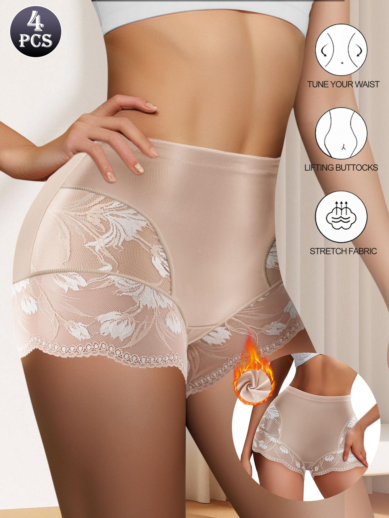 QUASTI 4PCS High-Waisted Glossy Fabric Lace Patchwork Women's Underwear, Soft Seamless Breathable Panties, Elegant Sexy Tummy Control Briefs, S-XXL SpringStatements