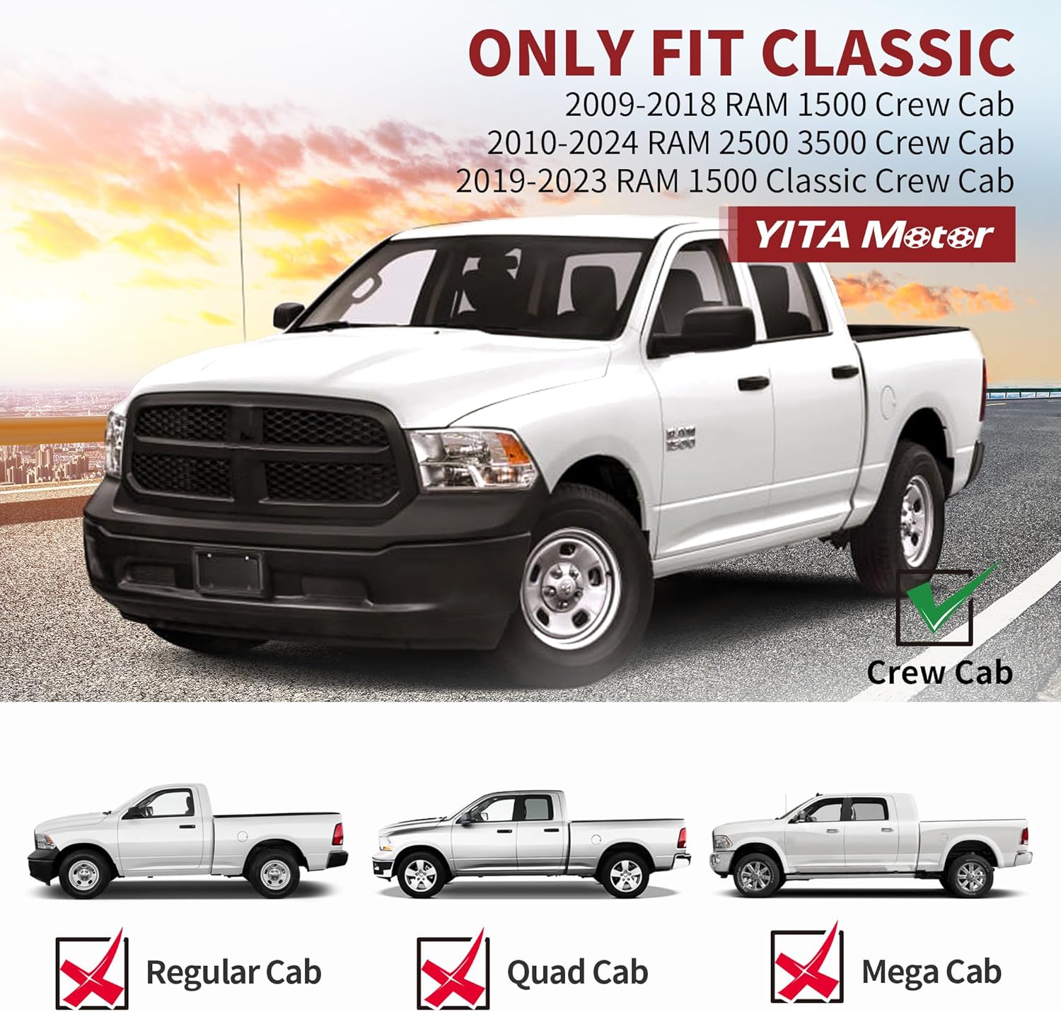 YITAMOTOR Drop Side Steps Compatible with 2009-2018 Dodge Ram 1500 & 2010-2024 2500 3500 Crew Cab, 2019-2024 1500 Classic, Off-Road Running Boards, Black Powder Coated Nerf Bars Heavy Duty Aluminum