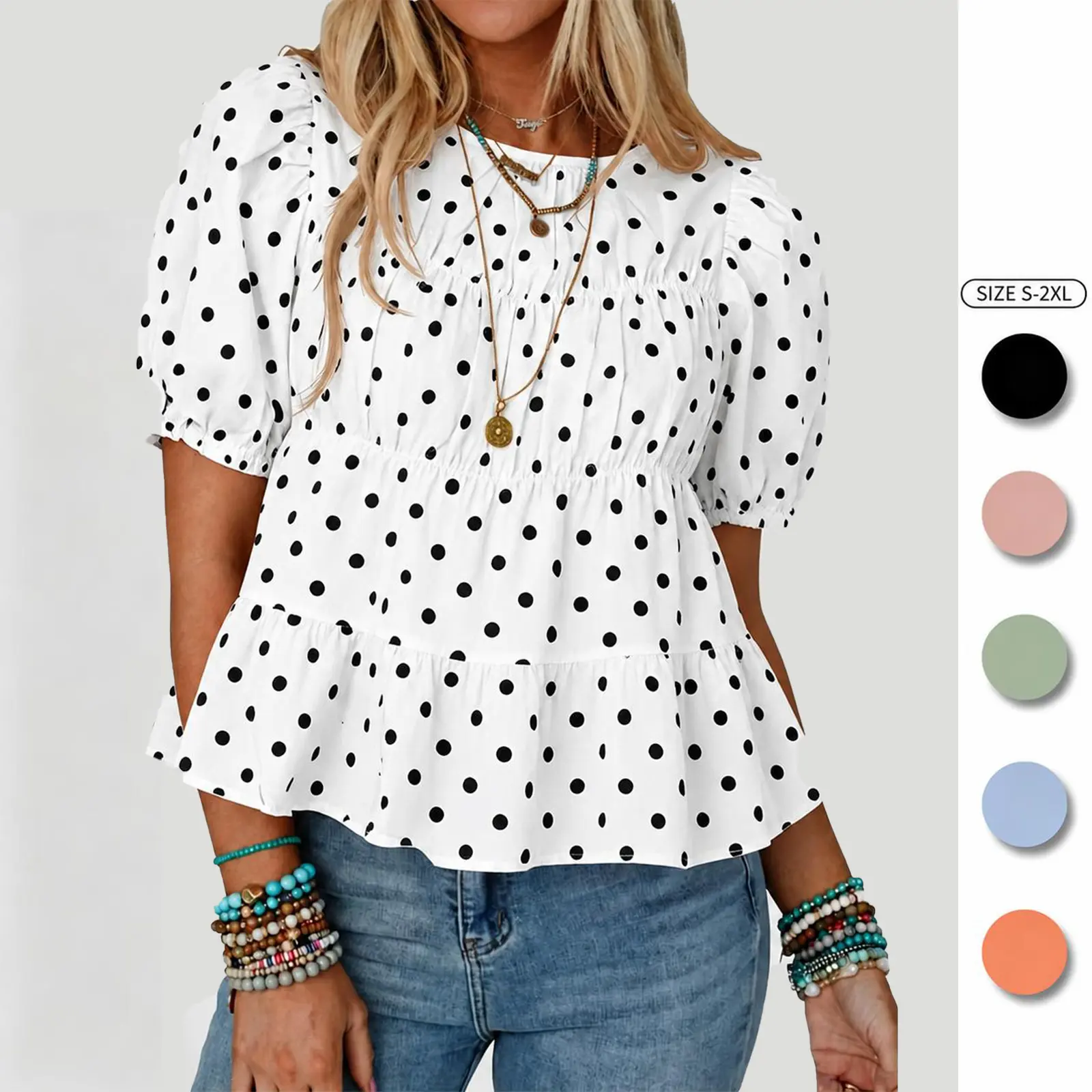 Imily Bela Womens Puff Sleeve Peplum Babydoll Tops Summer Smoked Pleated Cotton T Shirts Casual Loose Fit Flowy Blouse