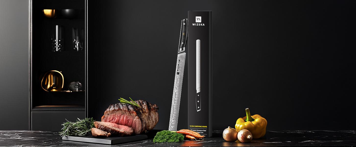 WIZEKA Brisket Knife,Ultra Sharp 12 Inch Damascus Slicing knife，Full Tang Carving Knife for Meat Cutting with G10 Handle，BBQ Knife，Great for Slicing Roasts, Meats, Fruits