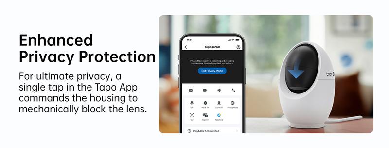 TP-Link & Tapo C260 RoomCam 360° 4K Ultra HD Pan Tilt Dual Band WiFi Indoor Security Camera with AI Face Recognition Two Way Audio and Enhanced Privacy Mode