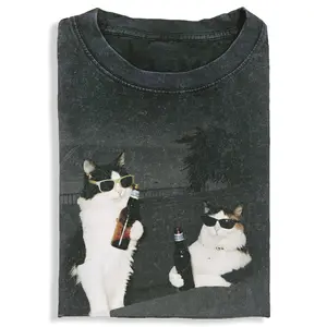 WACKY CAT Printed Design Unisex Vintage Crew Neck Regular Fit Cotton Fabric Casual Comfort Breathable Short Sleeve Funny T-shirts Fashion Men&Women's Top for Daily Wear 101605