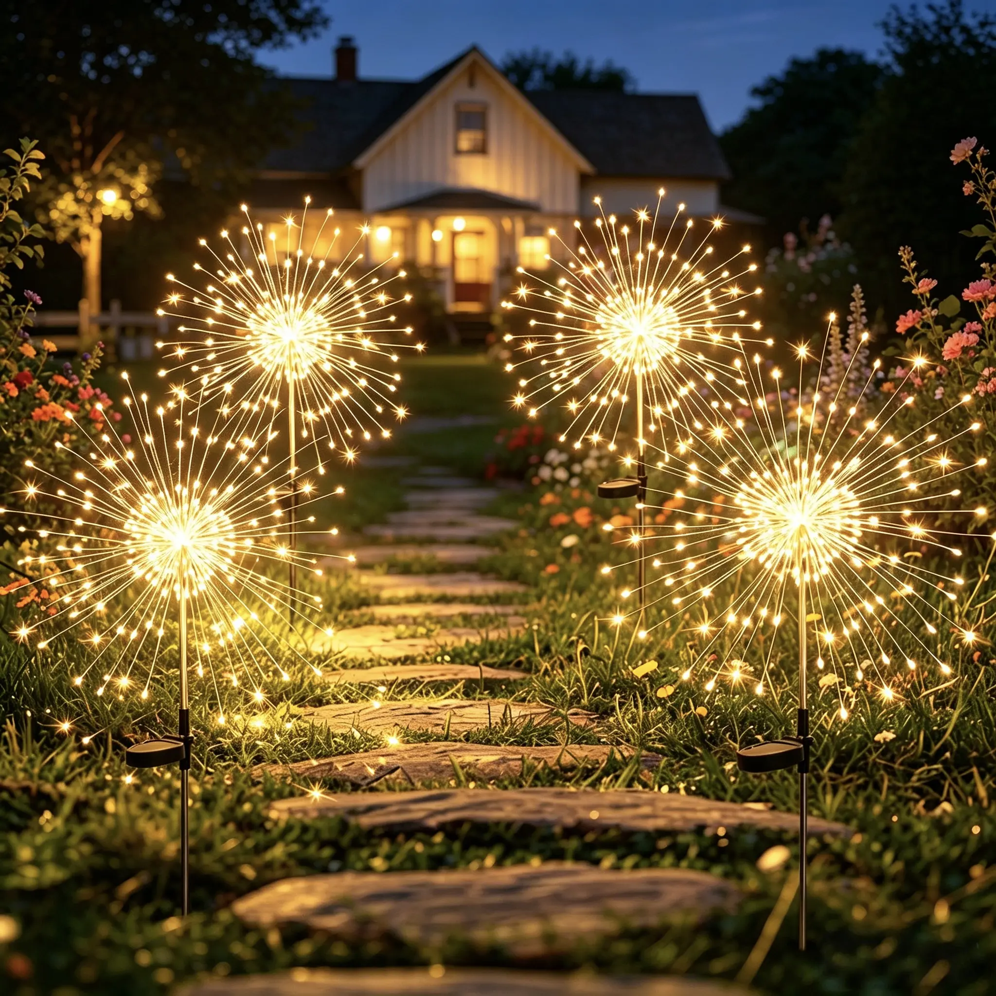 2-Pack Solar Dusk-to-Dawn Starburst Firework Garden Stake Lights, 120 LED Warm White Water-Resistant Rechargeable Pathway Lights with Cells, Easy Bright Decorative Firework Effect Outdoor Lawn Decor