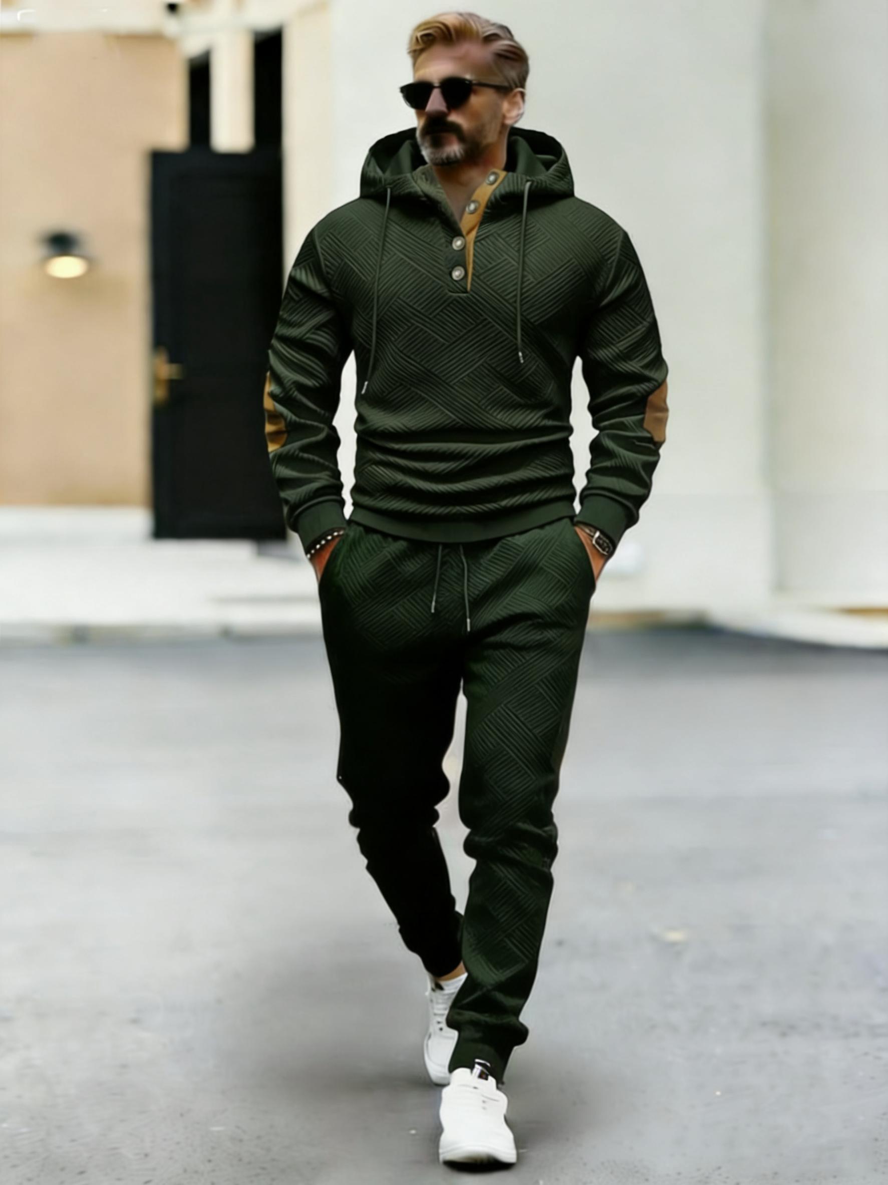 Men's contrasting color hooded sportswear high-quality texture two-piece set