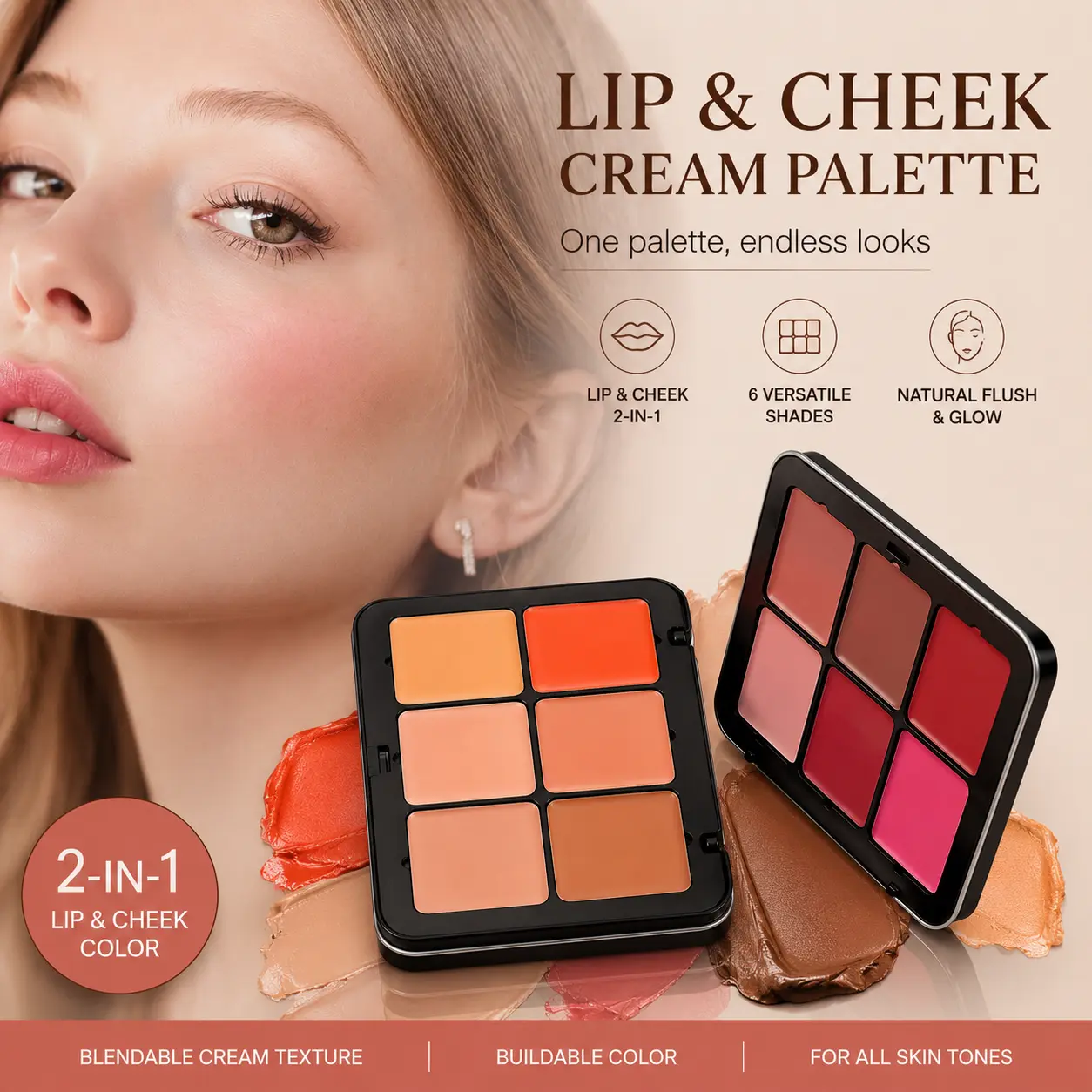 Beauty Glazed 2-in-1 Solid Cheek Makeup Duo Compact - Matte Cream Blush & Concealer, Long-Wearing, Smudge-Proof, Blendable, Sheer Youthful Flawless Look, All Skin Types, Everyday Cosmetics Makeup