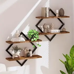 2/4pcs Double Layer Geometric Diamond Wall Floating Shelf Decorative Industrial Hanging Metal Wire Wooden Display Stand, Simple Style Wall Floating Stand, Artistic Style, Suitable for Living Room Kitchen, Floating Shelves