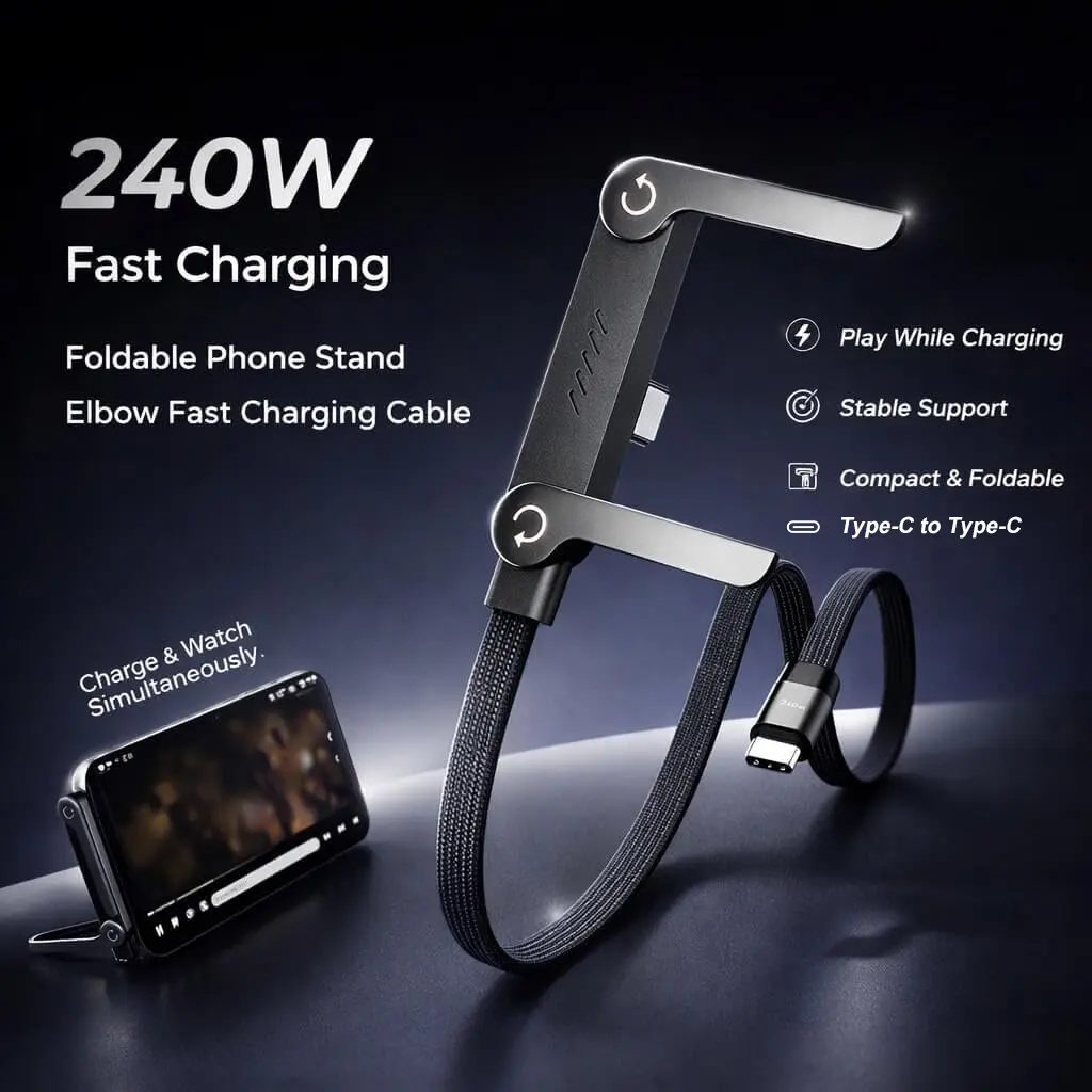 Invisible Stand Type-C Charger Cable - 240W Super Fast Charging 2-in-1 Electronic Cord with Cellphone Holder for Mobile Devices, Car Accessories, Gaming, Office