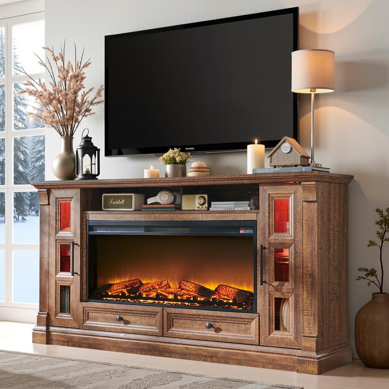 OKD 70" Wall-Mounted Rustic TV Stand – 42" Electric Fireplace, 2 Glass Cabinets & 2 Drawers, Open Shelves, Farmhouse Entertainment Center / Media Console for Living Room