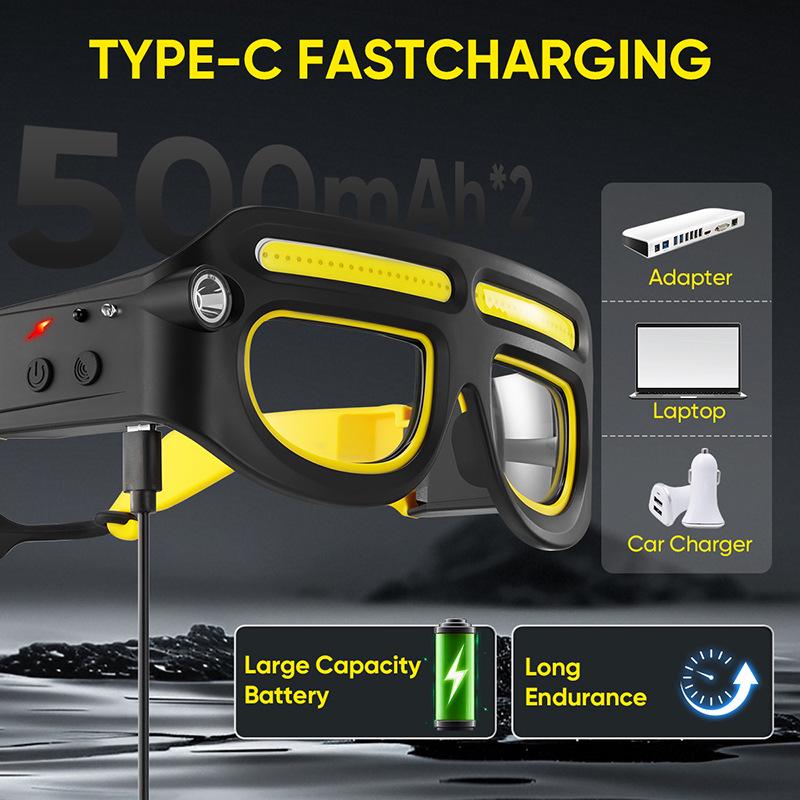 Gesture control LED glasses, rechargeable headlamp sports glasses, 5 modes, USB-C interface, suitable for running, camping, night maintenance, night work, hands-free lighting glasses.