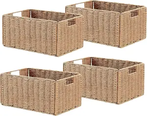 Natural Oak Wicker Storage Baskets Set of 4, Foldable Paper Rope Organizer Bins with Handles for Shelves, Toilet Paper, Towels, Living Room and Home Decor