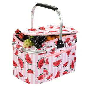 Tirrinia Large Insulated Picnic Basket, 34L Water Resistant & Leakproof Collapsible Portable Cooler Basket Set with Aluminium Handle for Travel, with a Free Foldable Grocery Bag