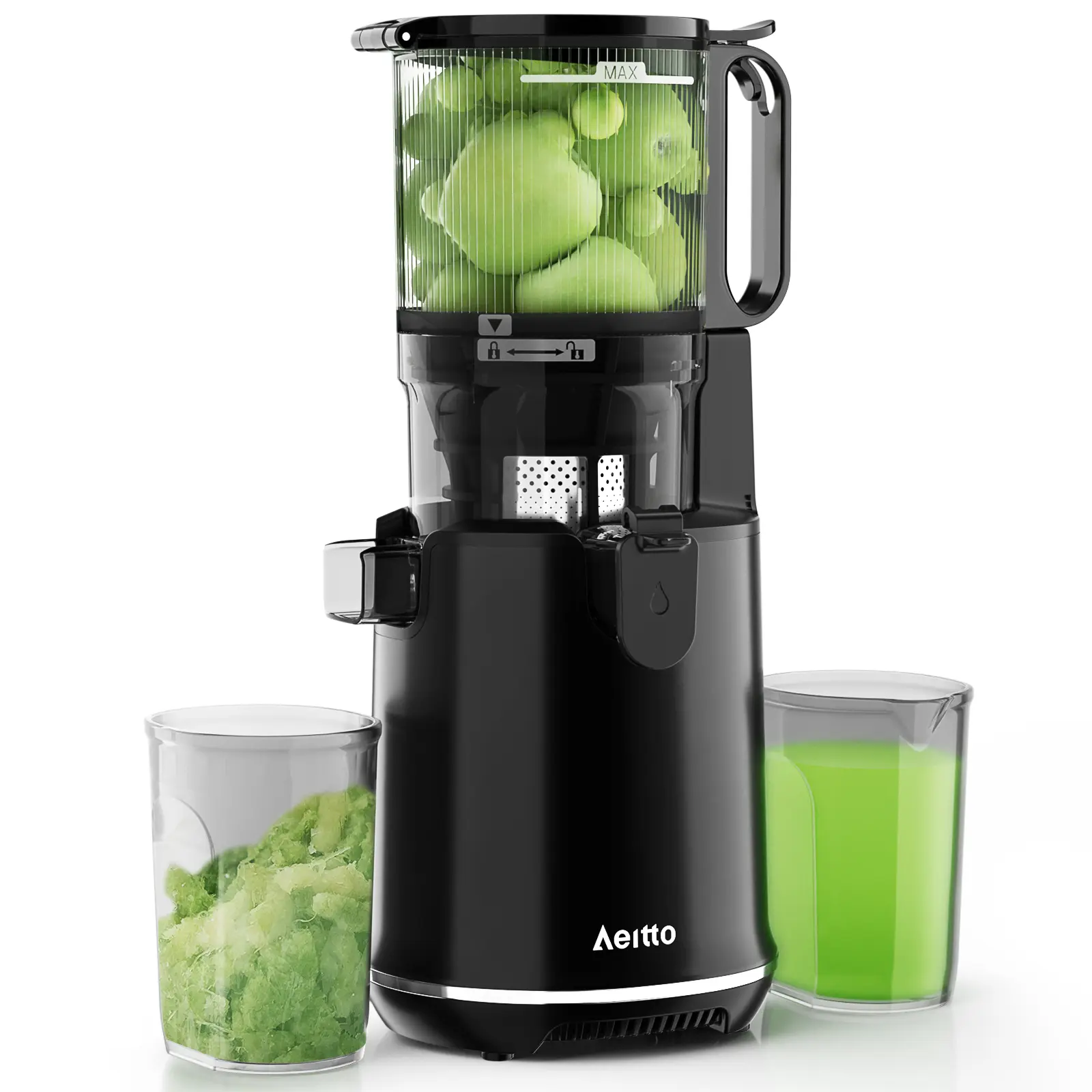 Aeitto Max5 Cold Pressed Juicer - 5.8" Large Feed Chute, 1.7L Capacity, 250W Whole Masticating Juicer for Veggies & Fruits, High Yield, Easy Clean with Brush, Ice Fruit Ready, BPA-Free, Button-Activated, App Recipe Guidance, 24/7 Support Help