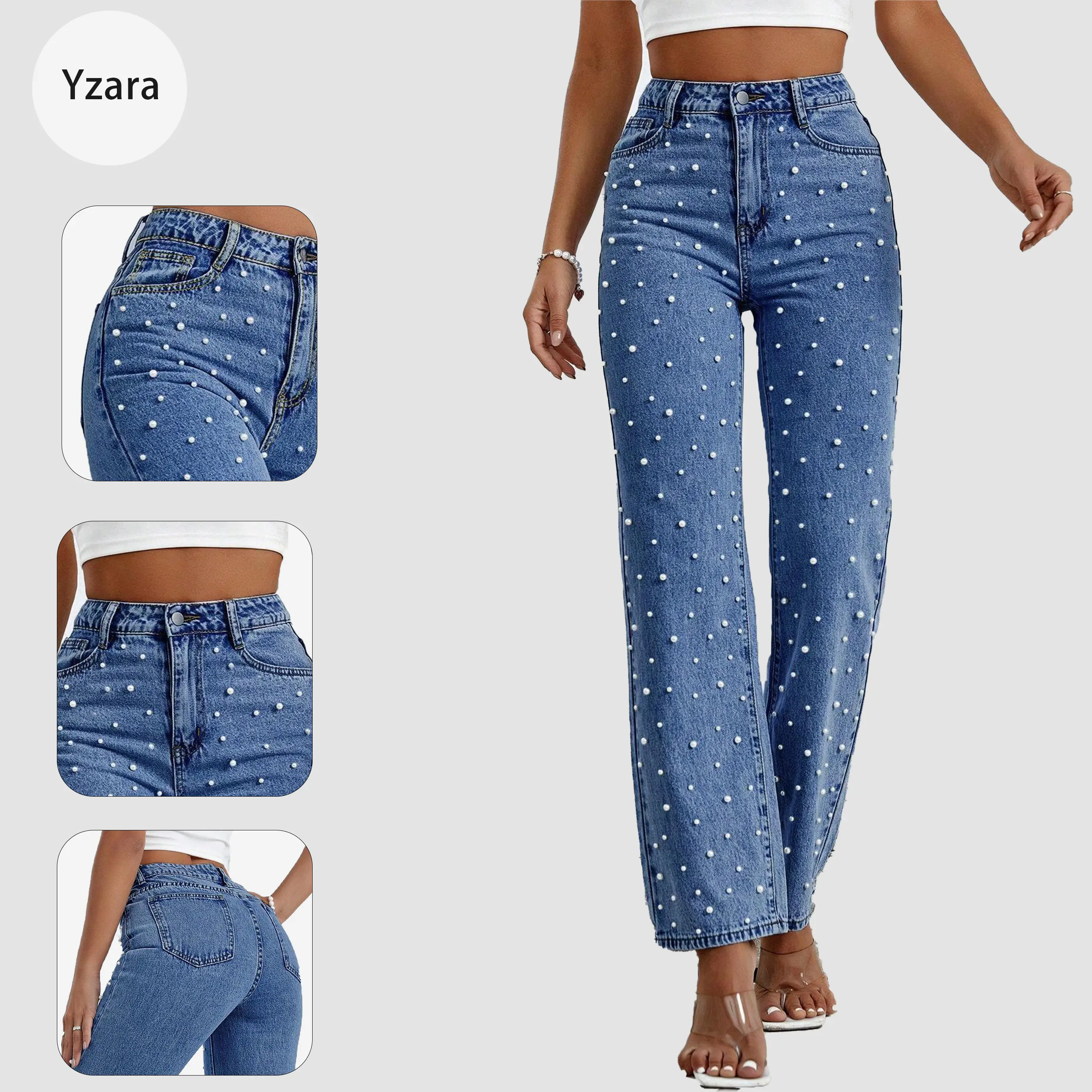 Elegant Women's Straight Leg Pearl Jeans Baggy High Waisted Casual Boyfriend Sparkly Denim Pant Trouser Middle Wash Cotton Blend Mothersdaygift