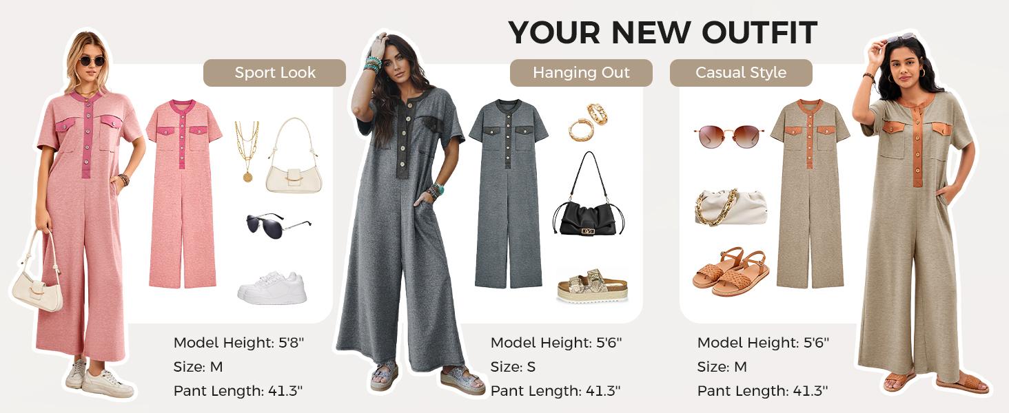 Fisoew Womens Casual Loose Jumpsuits Short Sleeve V-Neck Button Down One Piece Outfits Wide Leg Summer Long Pant Rompers with Pockets #Springtok #TikTokShopJumpstartSale