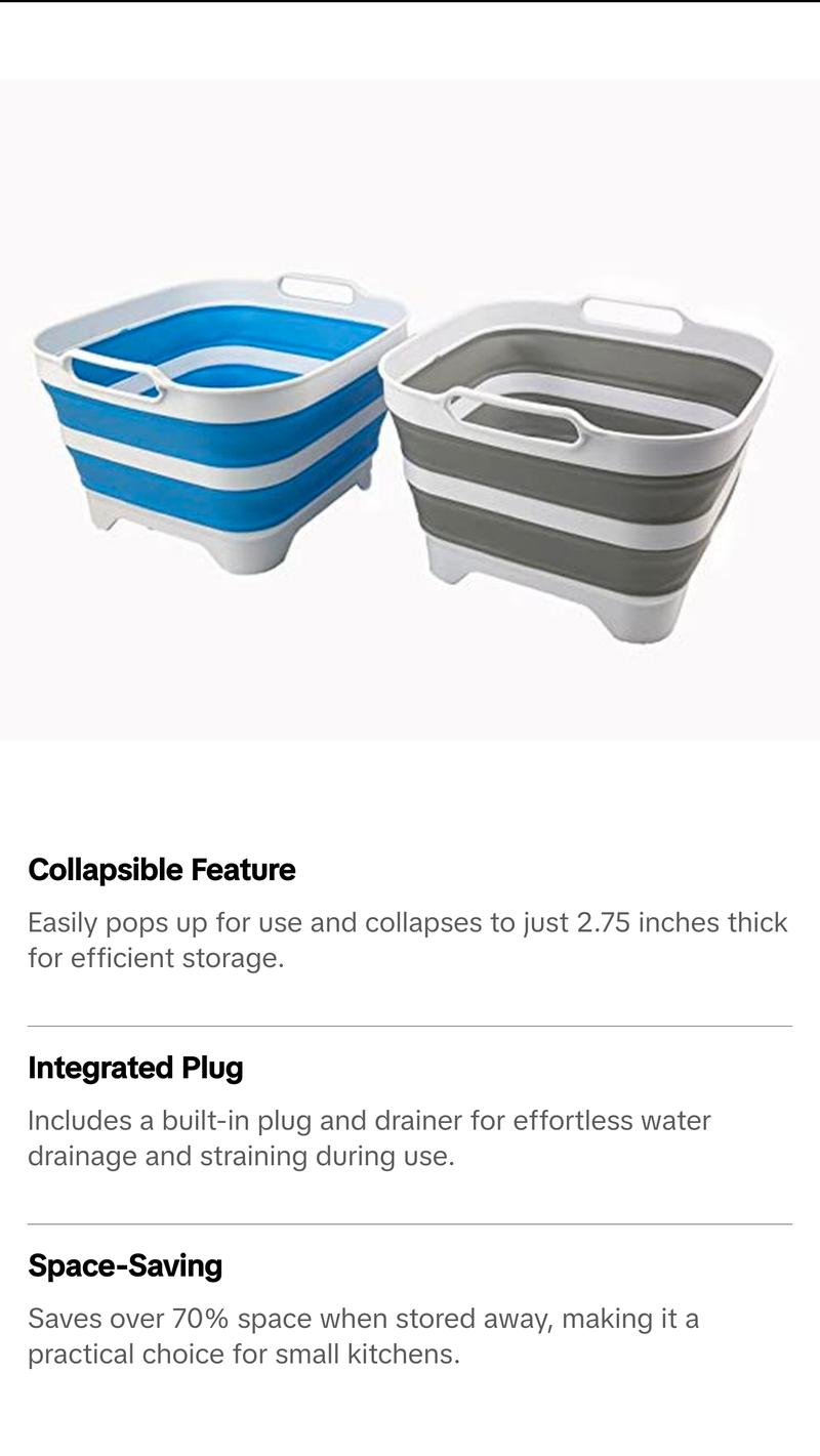 SAMMART 10L (2.64 Gallon) Collapsible Dishpan with Draining Plug - Foldable Washing Basin - Portable Dish Washing Tub - Space Saving Kitchen Storage Tray
