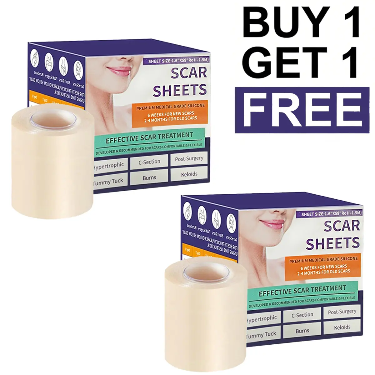 [Buy 1 Get 1 Free]Silicone Scar Tepe for C-Section, Acne, Buruns & Keloids - Hypoallergenic Scar Care Sheets, Fast Healing, Suitable for All Skin Tayes (1.6"X 59" Roll-1.5M)