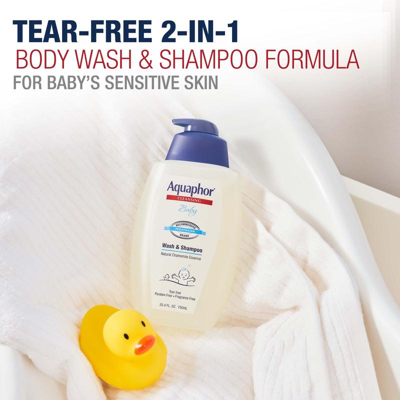 Aquaphor Baby Wash and Shampoo Unscented 25.4 fl oz Pump Bottle for Sensitive Skin with Chamomile Essence and Provitamin B5 Extra Mild 2 in 1 Solution Tear-Free Cleansing