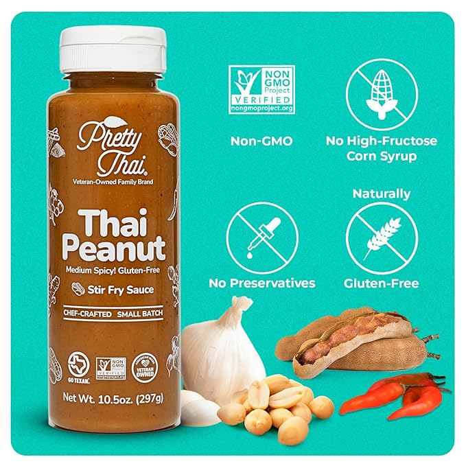 Pretty Thai Brand Thai Peanut Sauce Gluten Free Certified Non-GMO Vegan Authentic Stir Fry Dressing Rice Seasoning Condiment & Dipping Sauce 100% Natural 10.5oz
