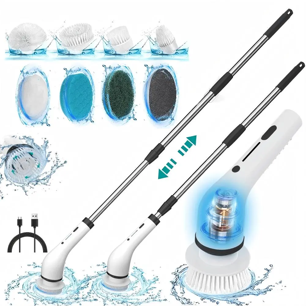 Cordless Power Scrubber, Electric Spin IPX7 Waterproof Scrubber with Long Battery Life, Adjustable Speed, Extendable Handle, USB Rechargeable Powerful Cleaning Tool for Multi-Surface Cleaning Supplies Summervibes
