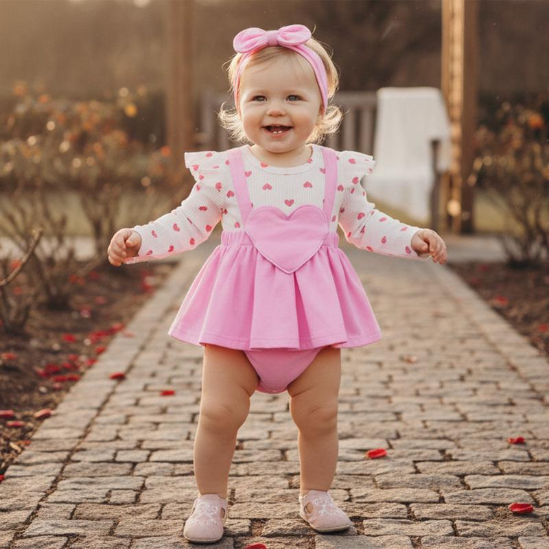Calsunbaby Valentine Baby Girl Outfit Heart Print Ribbed Long Sleeve Newborn Valentines day Romper Dress Headband Set