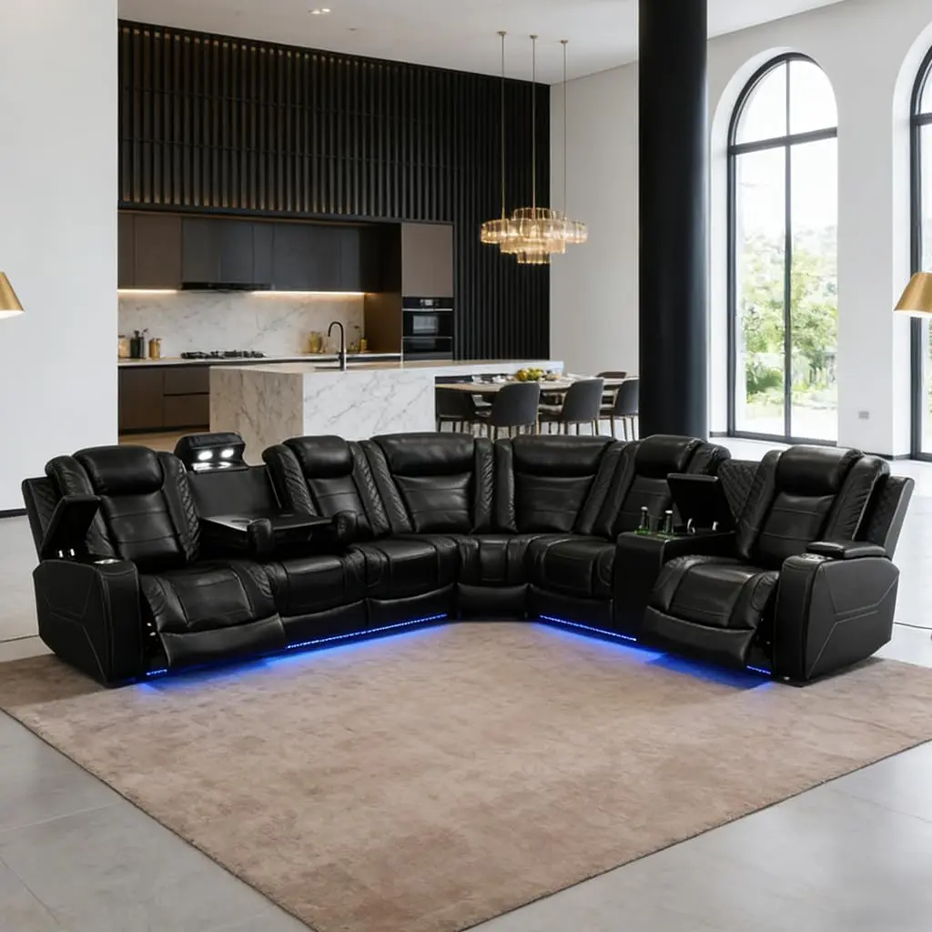 Power Recliner Sectional Sofa Set with LED Light, Living Room Furniture Sets, Breathing Leather Recliner Sofa Set, Reclining Corner Couches with  Storage Console/Cup Holder for Apartment Modern Upholstered Sofa U Shape Sofa