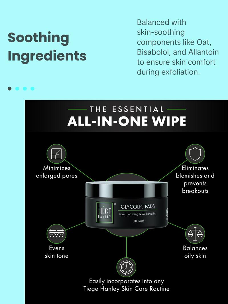 Tiege Hanley Men's Glycolic Acid Pads - 100Ml Gentle Daily Exfoliating Wipes with 18.5% Acid Complex for Smoother Clearer Skin