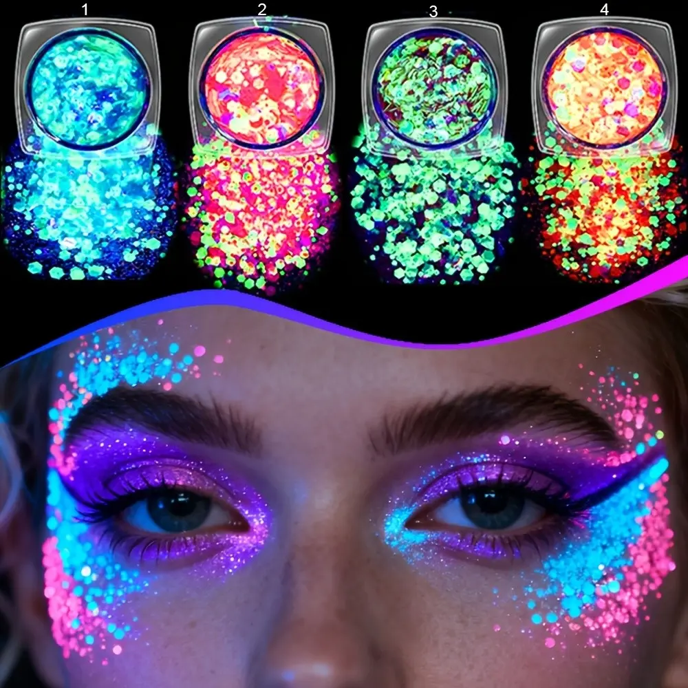 4pcs Glow-In-The-Dark Glitter Gel, Fast-Drying Self-Adhesive Neon Sparkles, Body And Face, Shimmering Body Makeup, Glitter Makeup, Halloween Festival Accessories, Summer Decor, Friday Sale